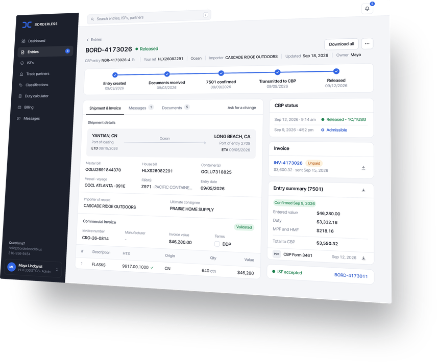 The Borderless client portal: a released entry with its dated journey from creation to release, the shipment's route and facts, the commercial invoice line, CBP's status, the invoice and the confirmed 7501 with its duty.